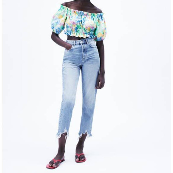 Zara Floral Printed Puff Sleeve Off The Shoulder Top - Picture 7 of 9